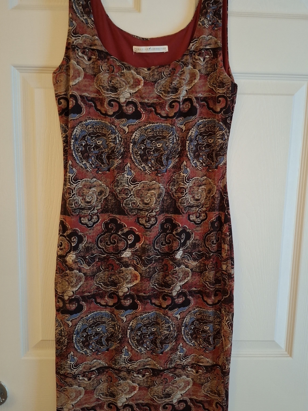 Peruvian Connection Maroon Multicolor Printed Sleeveless Sheath Dress